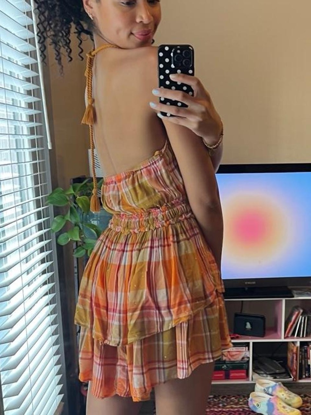 orange plaid tiered mini dress